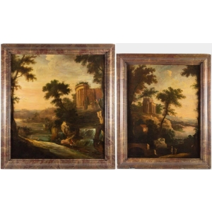 Paire de tableaux paysages italiens 18e siècle ||||||||||||||||