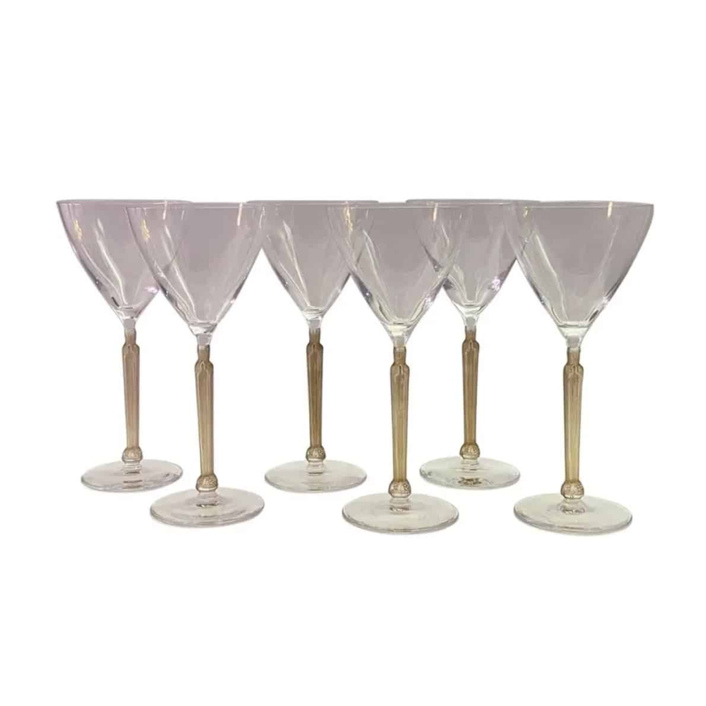 Suite de Six 6 Verres "Clos Sainte-Odile" cristal blanc patiné sépia de René LALIQUE |||||||