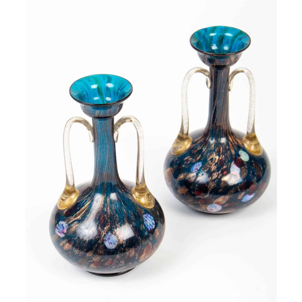 1 paire de vases Venise (Murano) à millefiori et adventurine (Salviati) 1870 1 paire de vases Venise (Murano) à millefiori et adventurine (Salviati) 1870