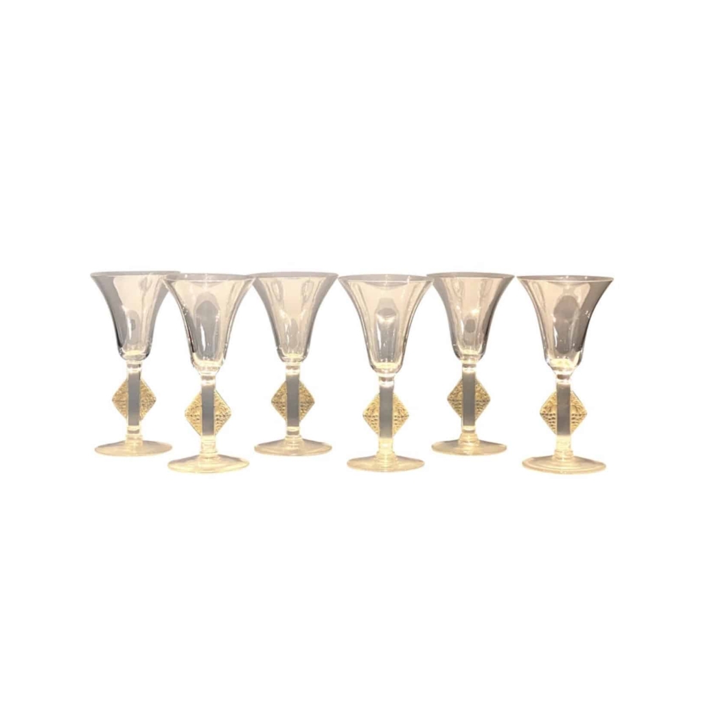 Suite de Six 6 Verres "Savergne" verre blanc patiné sépia de René LALIQUE |||||