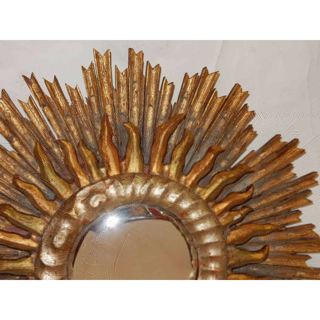 1950′ Miroir Soleil Convexe 2 Étages Bois Doré Et Argenté 63 Cm De Diamètre 1950′ Miroir Soleil Convexe 2 Étages Bois Doré Et Argenté 63 Cm De Diamètre