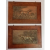 1900′ Paire de Bas Reliefs En Bronze Sur Noyer, Chiens D’Arrêt ||||||||||