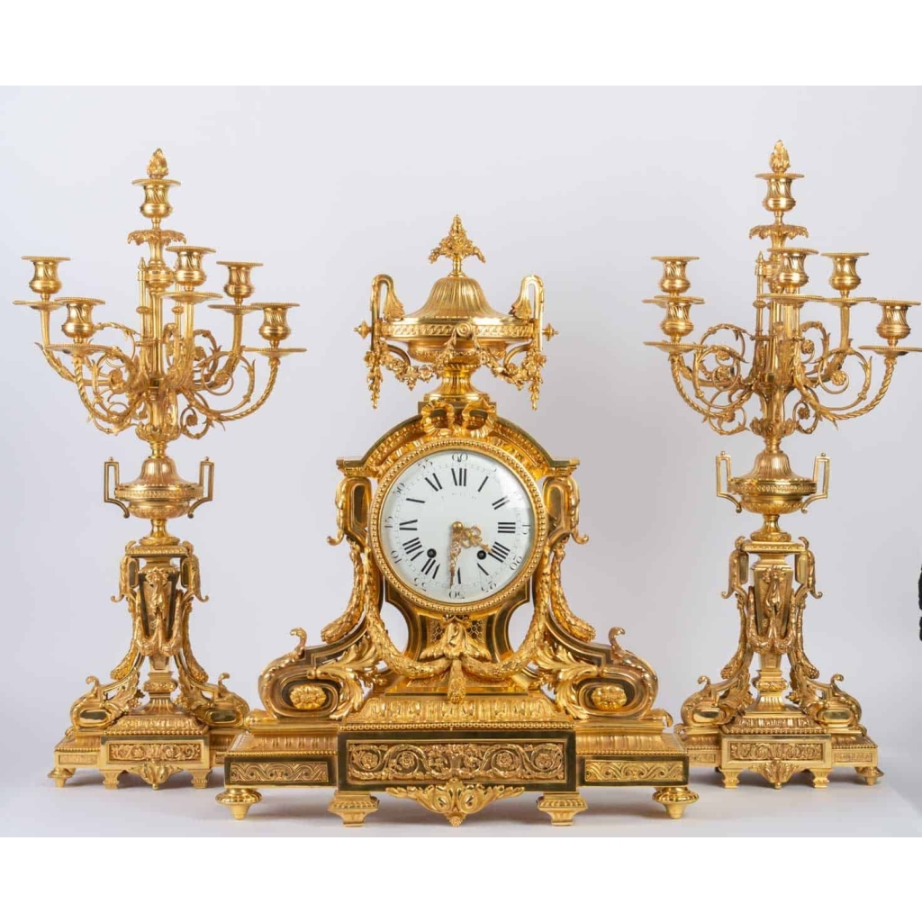 Garniture de cheminée en bronze doré Napoléon III 19e siècle |||||||||||||||||