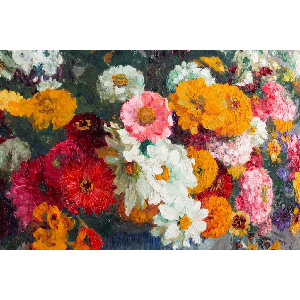 Tableau de Marthe Moisset ( 1871 1945) Compositon florale dans un vase en Delft Tableau de Marthe Moisset ( 1871 1945) Compositon florale dans un vase en Delft