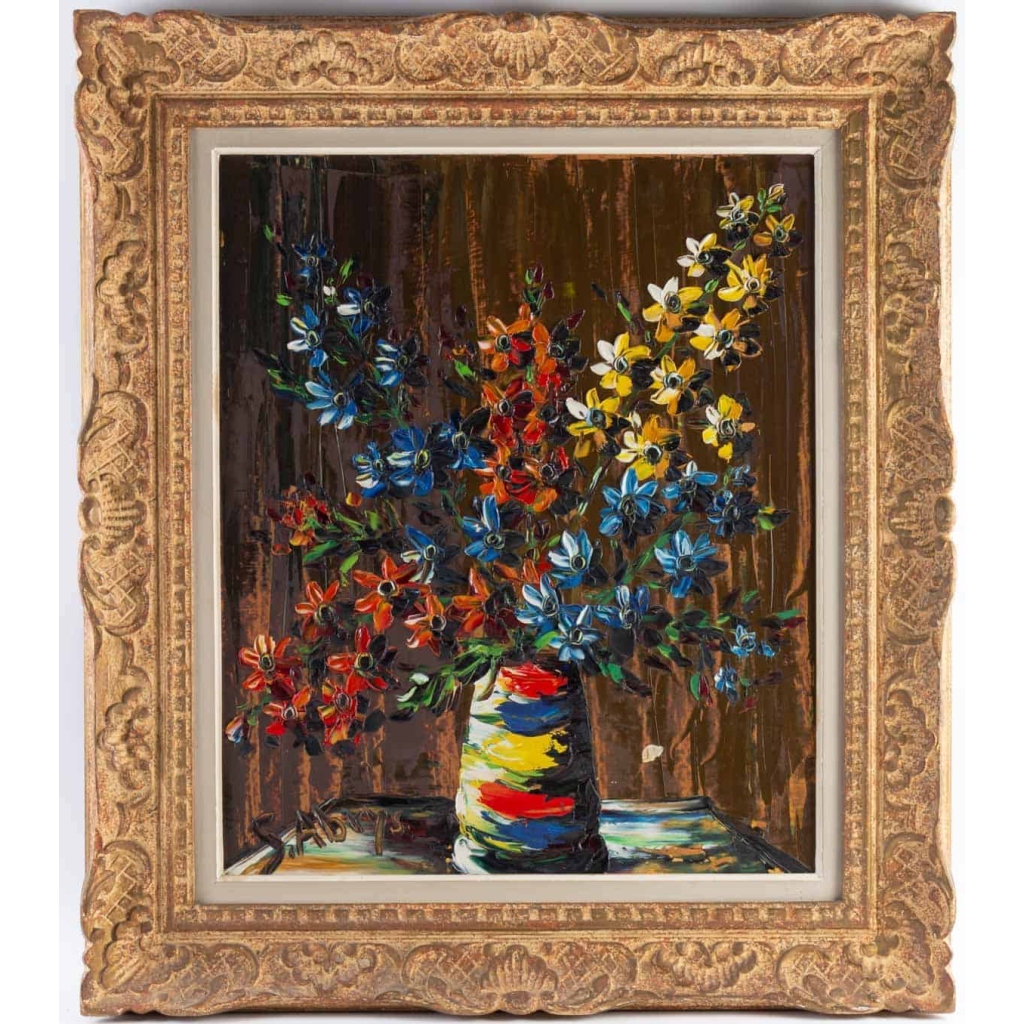 Tableau de S. Abrys vers 1950 "Bouquet de Campanules" |||||||||||