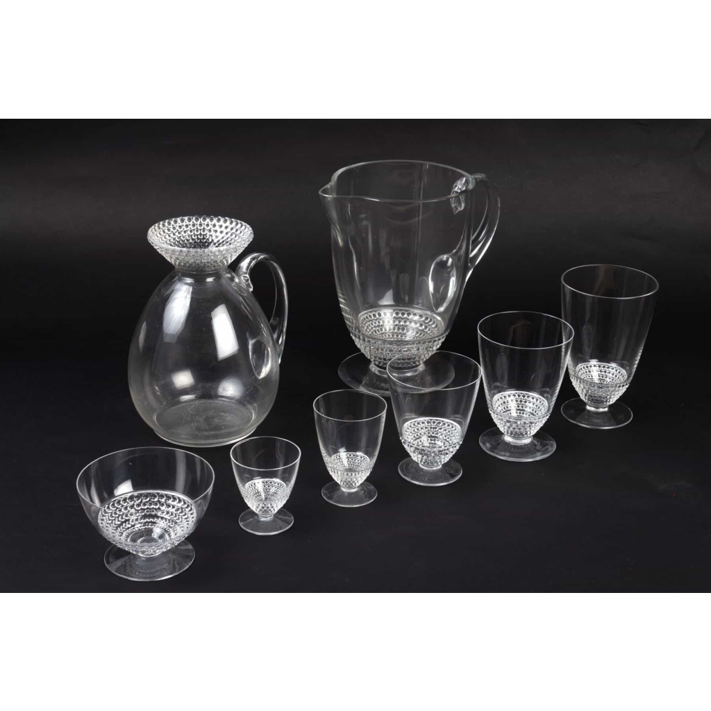 Service "Nippon" verre blanc de René LALIQUE - 60 verres - 1 carafe - 1 broc |||||||||