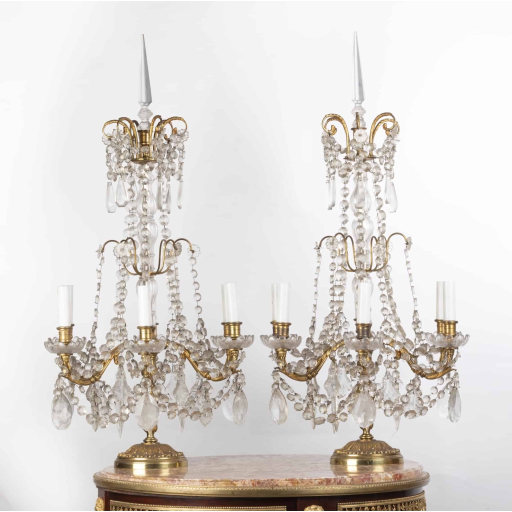 A Pair of French 19th Century Louis XVI St. Ormulu and Baccarat Crystal Girandoles. ||||||||