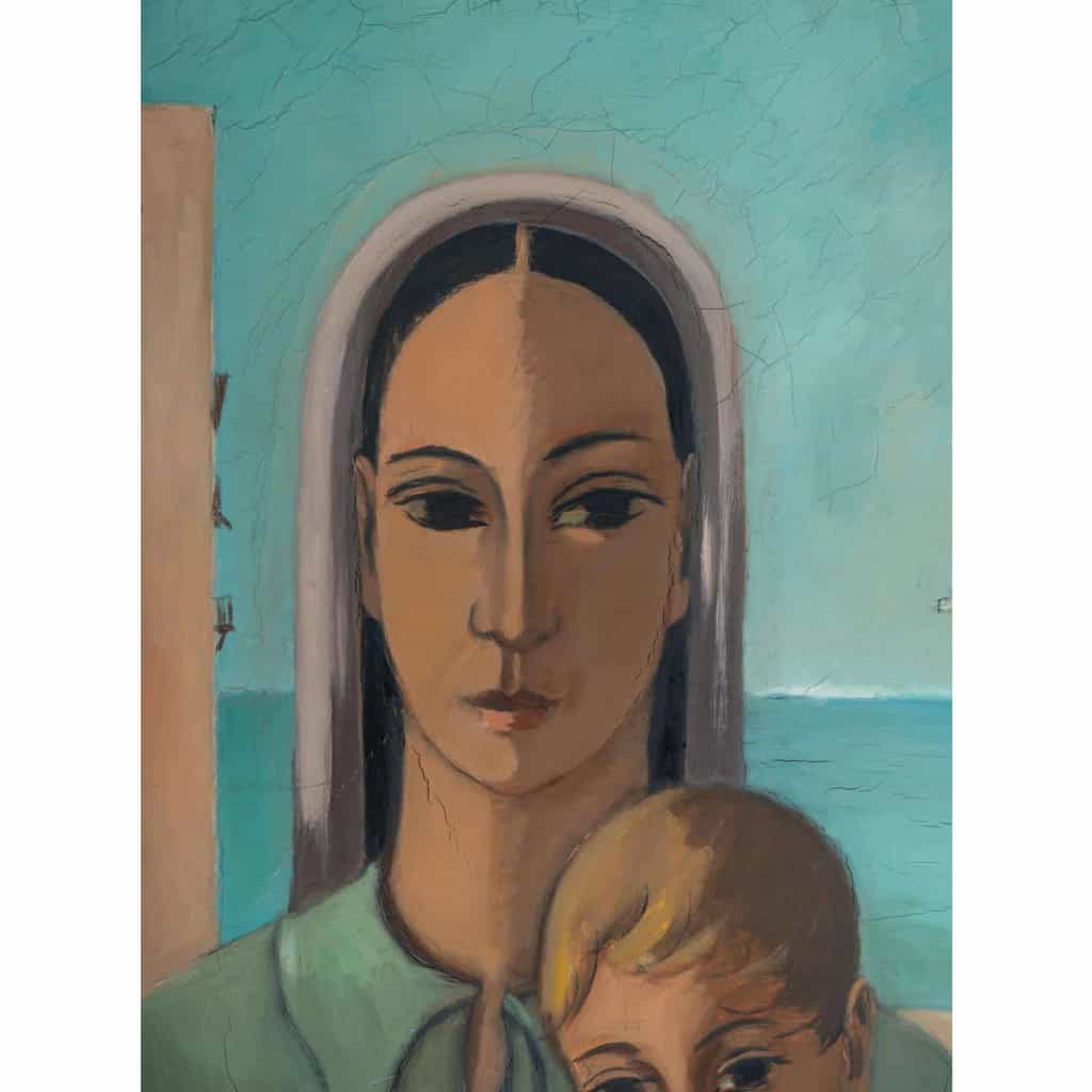 Huile sur toile, Une femme et son enfant, XXème Huile sur toile, Une femme et son enfant, XXème