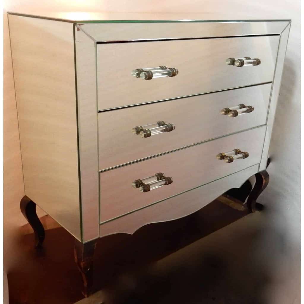 1940/50′ Commode Art Déco Miroir 3 Tiroirs 6 Poignées Verre |||||||||