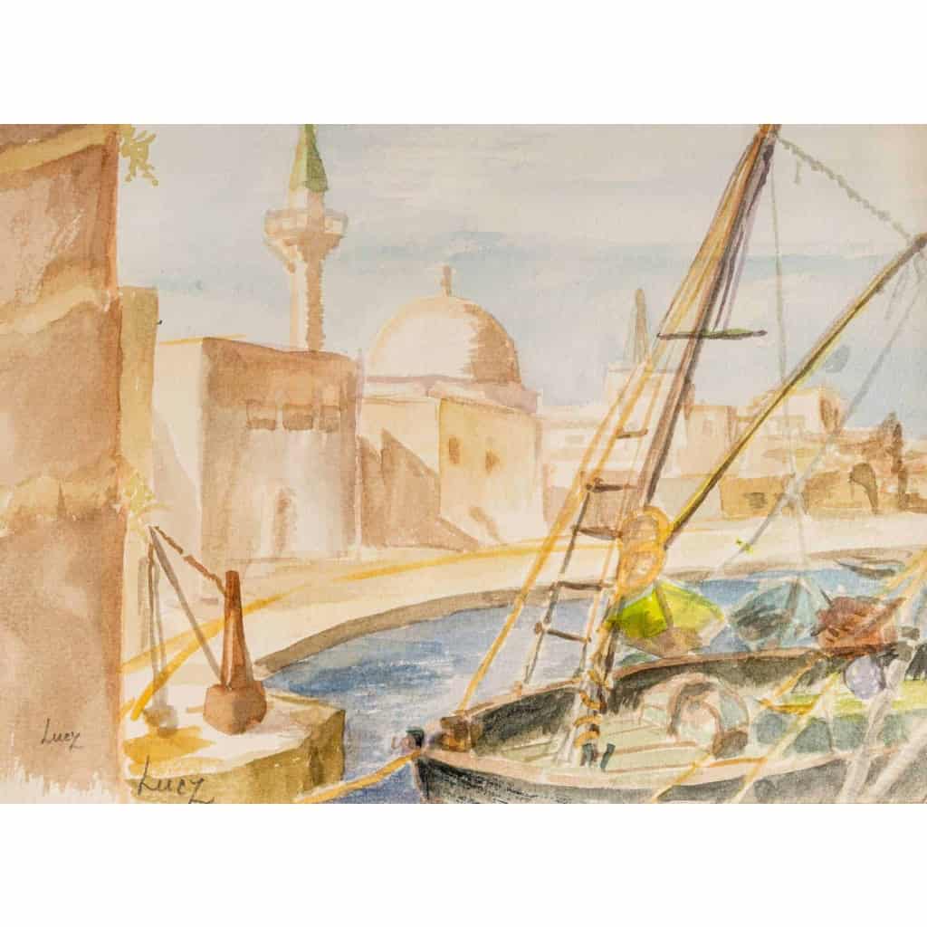 Dessin sur papier sous verre, encadré, signé Luez, XXème siècle. Vue d'un Port Oriental. Dessin sur papier sous verre, encadré, signé Luez, XXème siècle. Vue d'un Port Oriental.