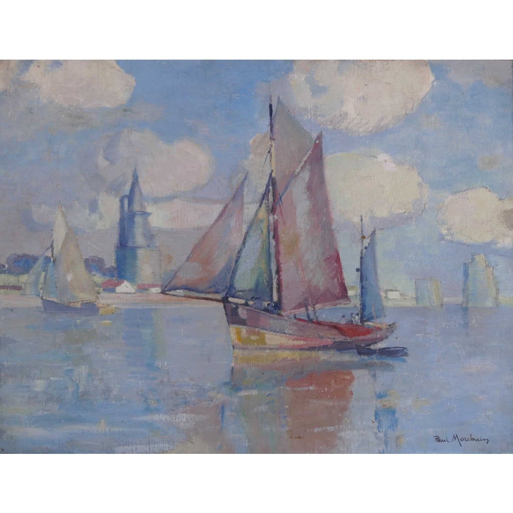 MORCHAIN Paul Peinture 20è Bateaux de pêche sortant du port de La Rochelle Huile signée MORCHAIN Paul Peinture 20è Bateaux de pêche sortant du port de La Rochelle Huile signée