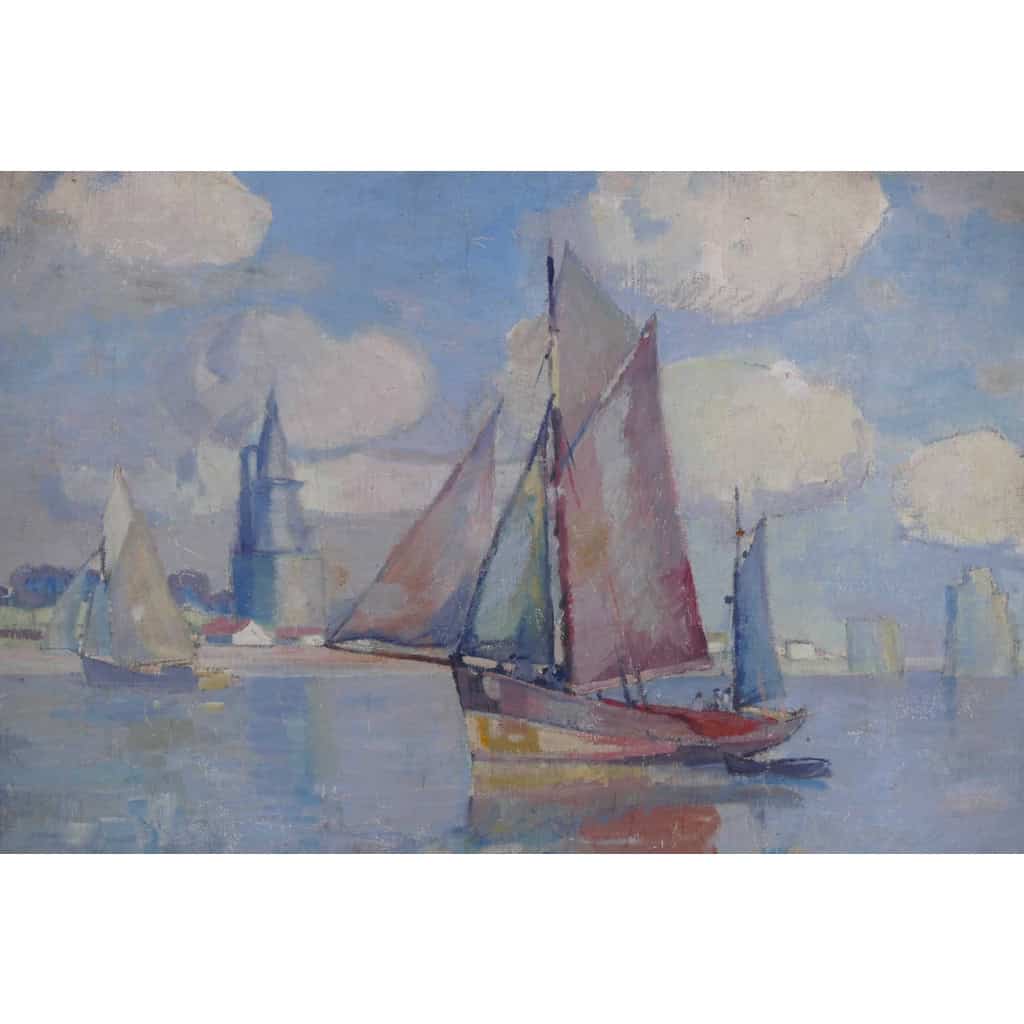 MORCHAIN Paul Peinture 20è Bateaux de pêche sortant du port de La Rochelle Huile signée MORCHAIN Paul Peinture 20è Bateaux de pêche sortant du port de La Rochelle Huile signée