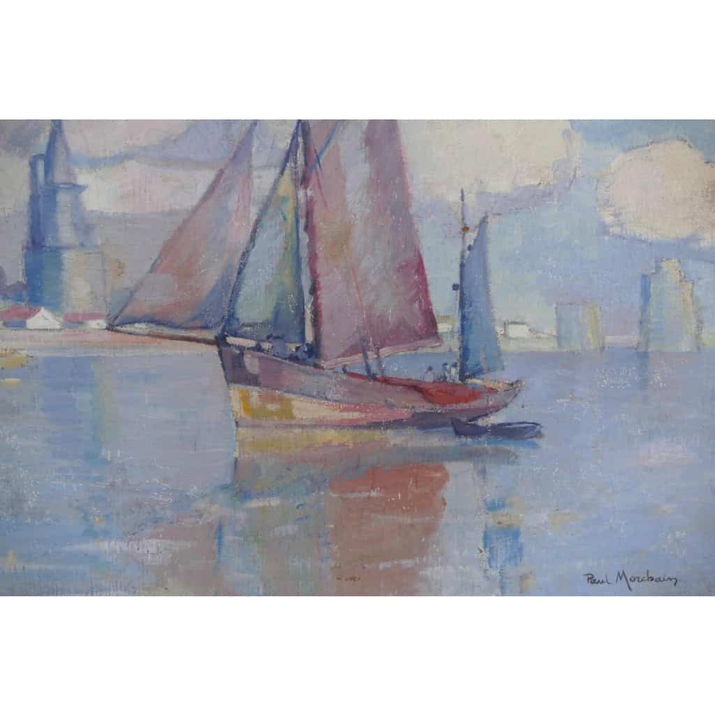 MORCHAIN Paul Peinture 20è Bateaux de pêche sortant du port de La Rochelle Huile signée MORCHAIN Paul Peinture 20è Bateaux de pêche sortant du port de La Rochelle Huile signée