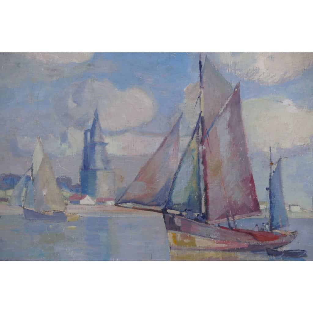 MORCHAIN Paul Peinture 20è Bateaux de pêche sortant du port de La Rochelle Huile signée MORCHAIN Paul Peinture 20è Bateaux de pêche sortant du port de La Rochelle Huile signée