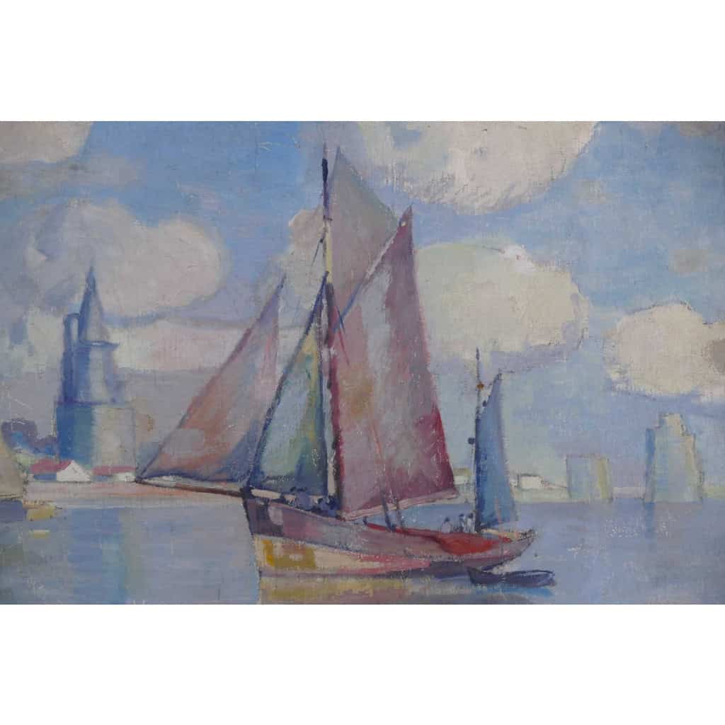 MORCHAIN Paul Peinture 20è Bateaux de pêche sortant du port de La Rochelle Huile signée MORCHAIN Paul Peinture 20è Bateaux de pêche sortant du port de La Rochelle Huile signée