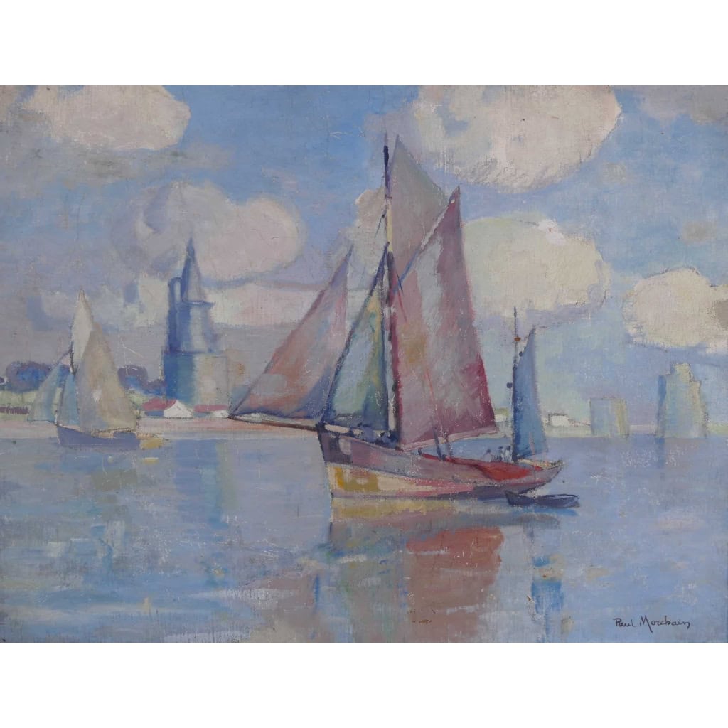 MORCHAIN Paul Peinture 20è Bateaux de pêche sortant du port de La Rochelle Huile signée MORCHAIN Paul Peinture 20è Bateaux de pêche sortant du port de La Rochelle Huile signée