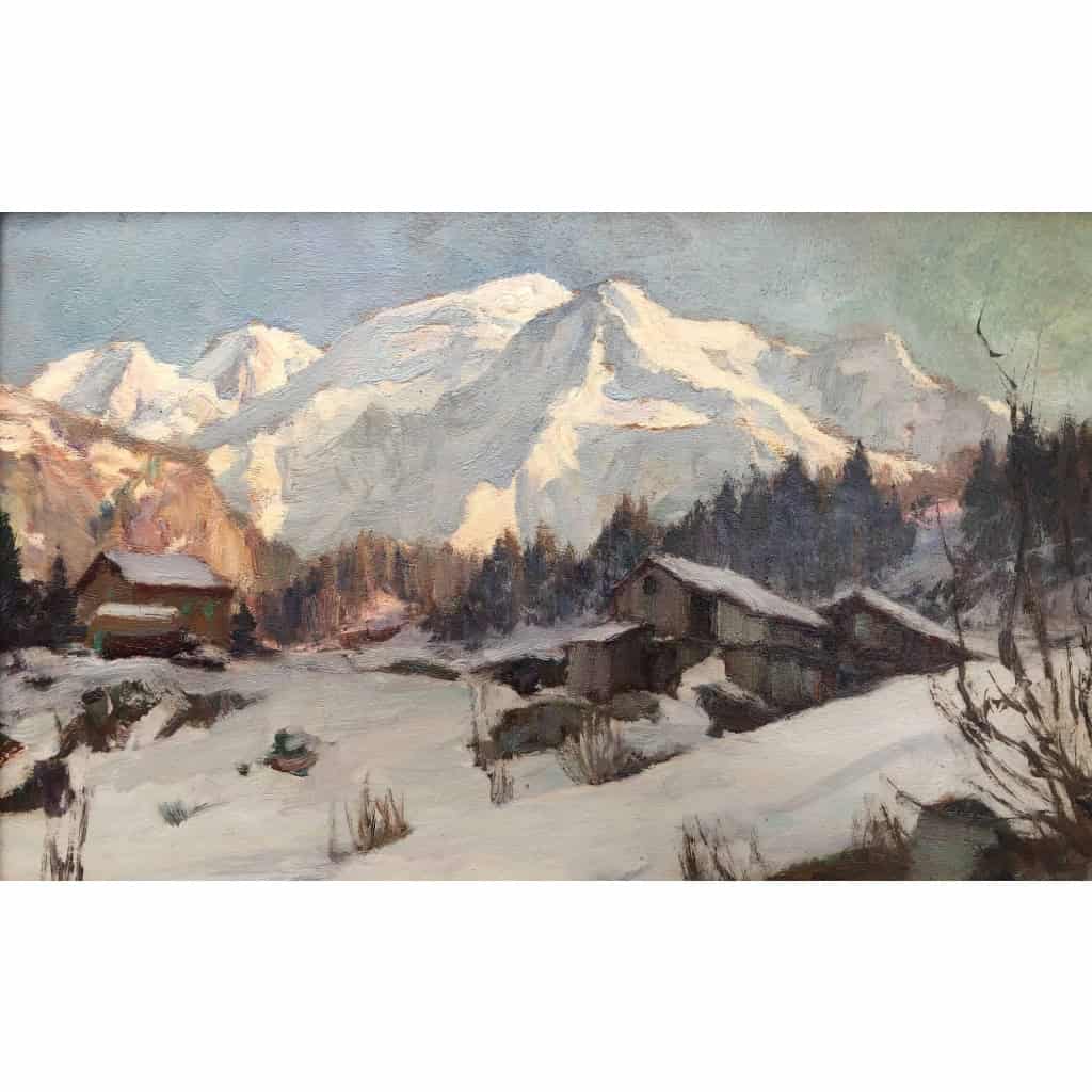 ABRATE Angelo Peinture XXè siècle Soleil sur le Mont Blanc Huile signée ABRATE Angelo Peinture XXè siècle Soleil sur le Mont Blanc Huile signée