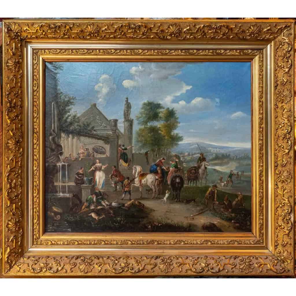 Tableau flamand, huile sur toile, scène de fête au village, XIXème siècle |||||||