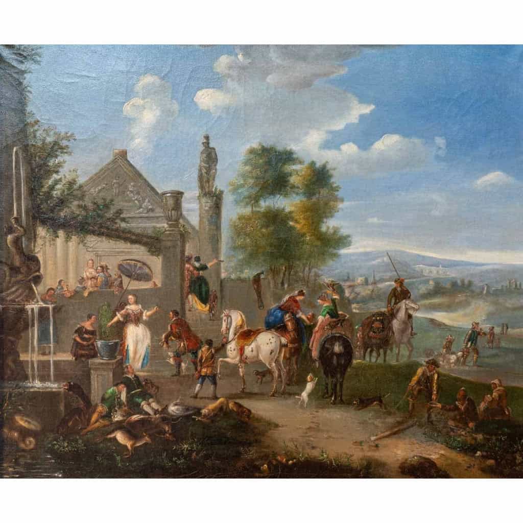 Tableau flamand, huile sur toile, scène de fête au village, XIXème siècle Tableau flamand, huile sur toile, scène de fête au village, XIXème siècle