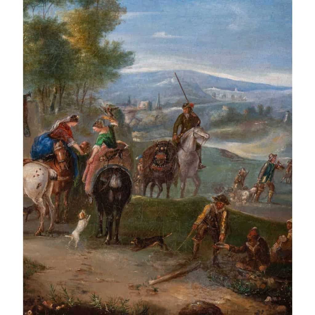 Tableau flamand, huile sur toile, scène de fête au village, XIXème siècle Tableau flamand, huile sur toile, scène de fête au village, XIXème siècle