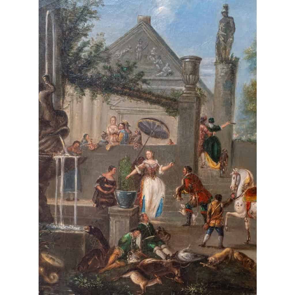 Tableau flamand, huile sur toile, scène de fête au village, XIXème siècle Tableau flamand, huile sur toile, scène de fête au village, XIXème siècle