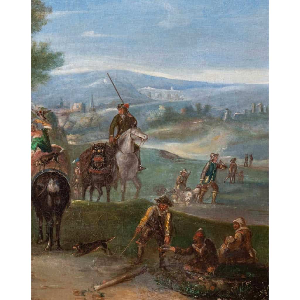 Tableau flamand, huile sur toile, scène de fête au village, XIXème siècle Tableau flamand, huile sur toile, scène de fête au village, XIXème siècle