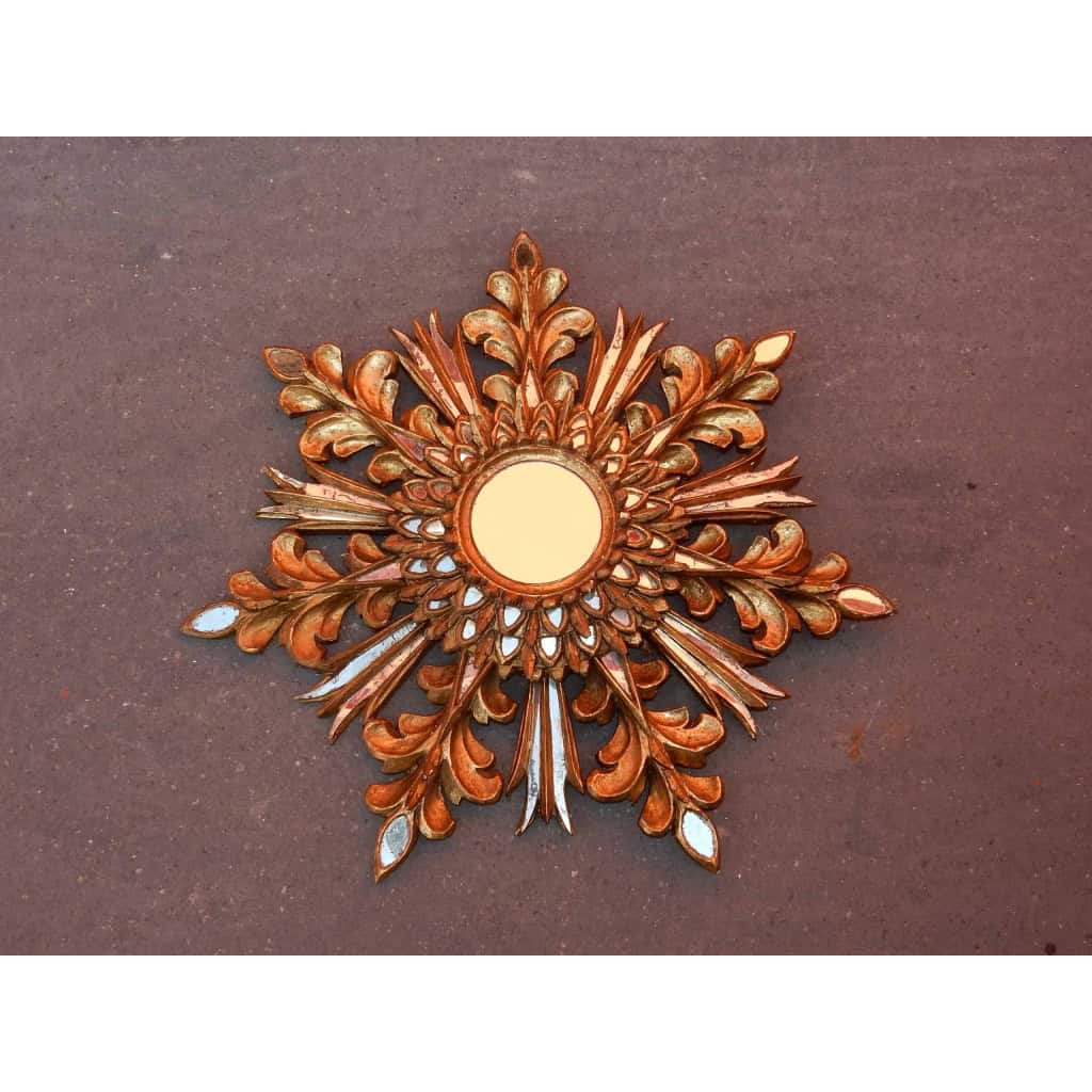 1970′ Miroir Soleil Décor Flocon De Neige, Bois Doré, Diamètre 72 cm |||||||