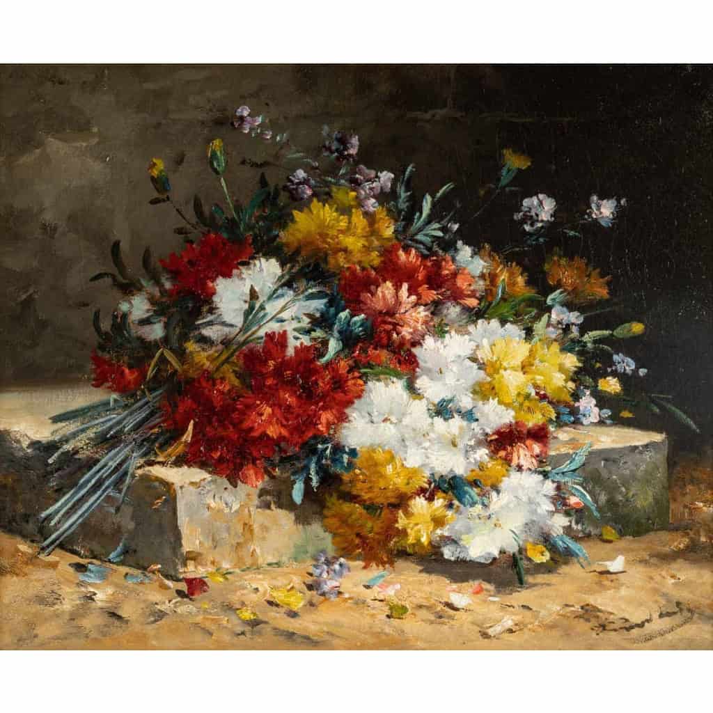 Henri Cauchois (1850 - 1911) : Bouquet d'oeillets sur un entablement. Henri Cauchois (1850 - 1911) : Bouquet d'oeillets sur un entablement.