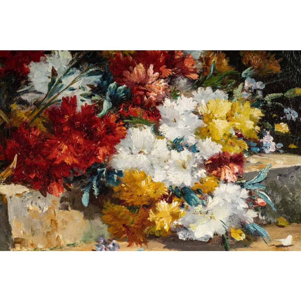 Henri Cauchois (1850 - 1911) : Bouquet d'oeillets sur un entablement. Henri Cauchois (1850 - 1911) : Bouquet d'oeillets sur un entablement.