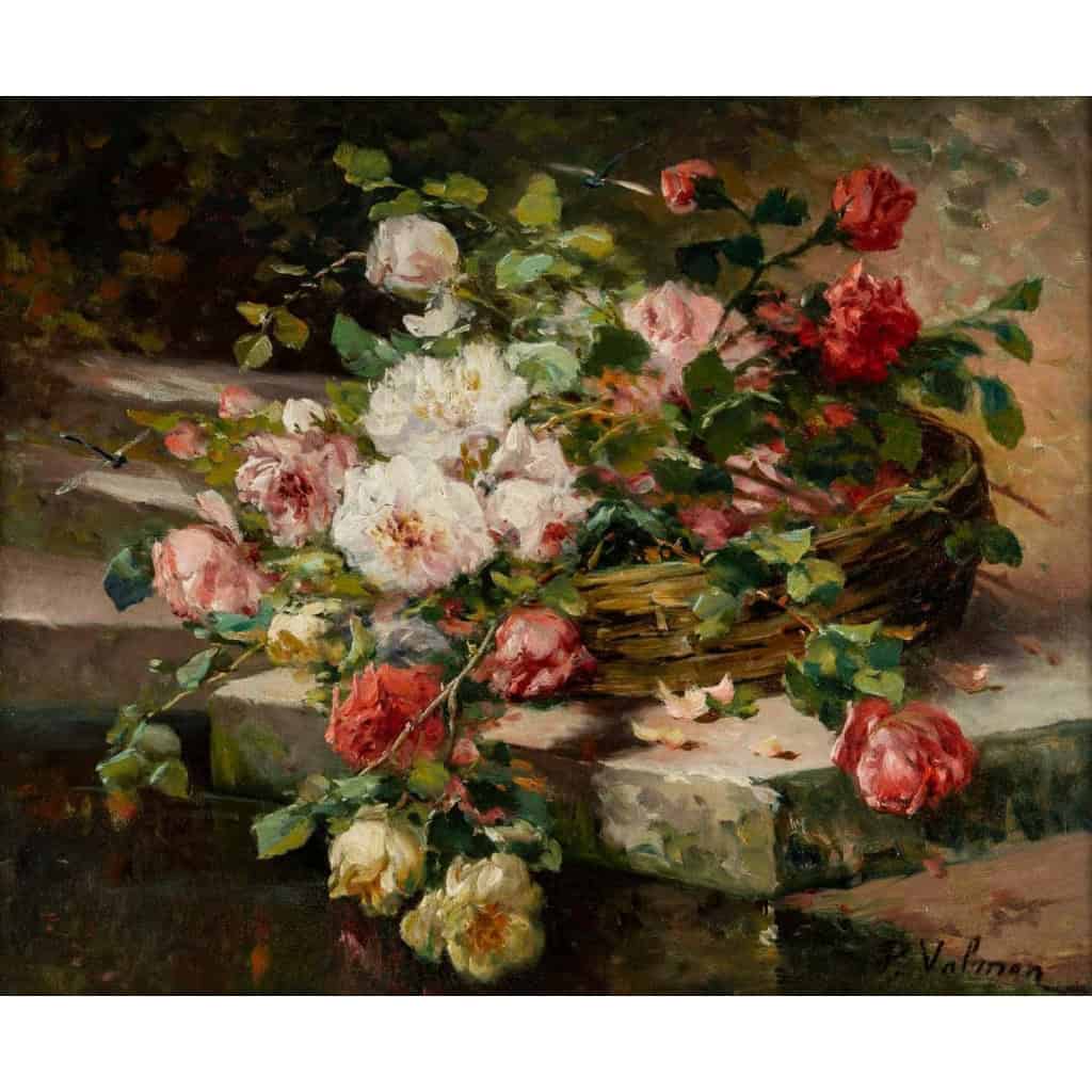 P. Valmon (1850 - 1911) : Jetée de roses sur un entablement. P. Valmon (1850 - 1911) : Jetée de roses sur un entablement.