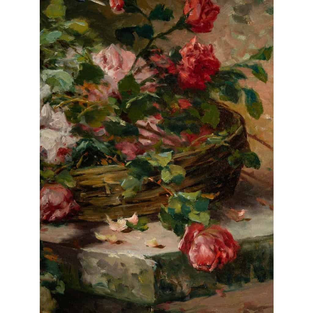 P. Valmon (1850 - 1911) : Jetée de roses sur un entablement. P. Valmon (1850 - 1911) : Jetée de roses sur un entablement.