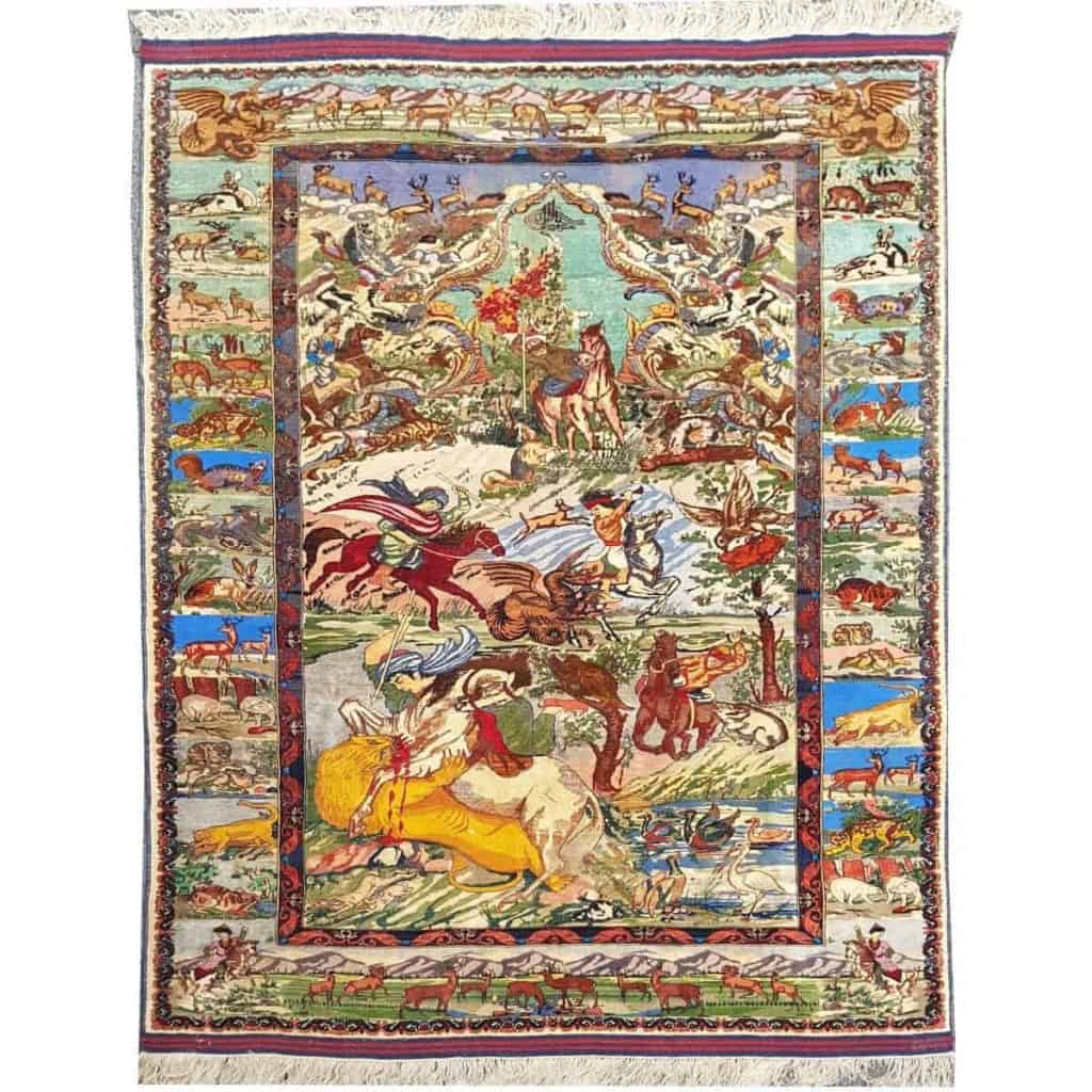 Tapis Tabriz Laine Et Soie - Chasse Persane - Vers 1970 Iran Epoque Du Shah |||||||||