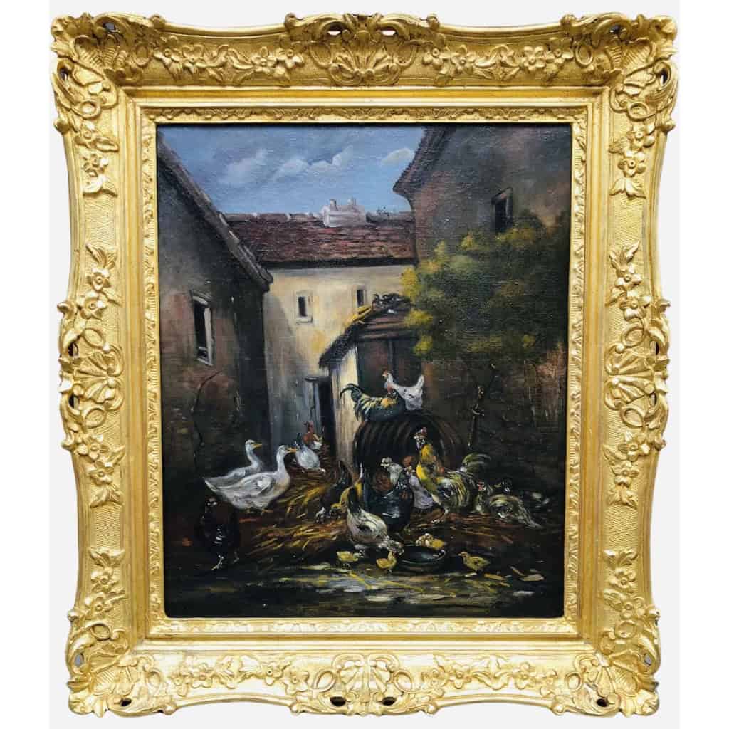 GUILLEMINET Claude Peinture 19ème siècle Ecole de Barbizon Le réveil de la basse cour Huile sur toile signée |||||