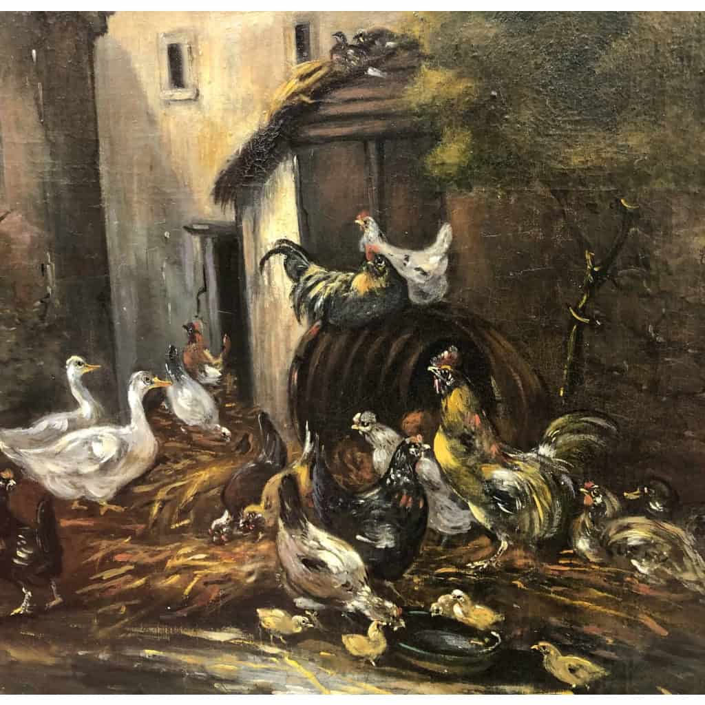 GUILLEMINET Claude Peinture 19ème siècle Ecole de Barbizon Le réveil de la basse cour Huile sur toile signée GUILLEMINET Claude Peinture 19ème siècle Ecole de Barbizon Le réveil de la basse cour Huile sur toile signée