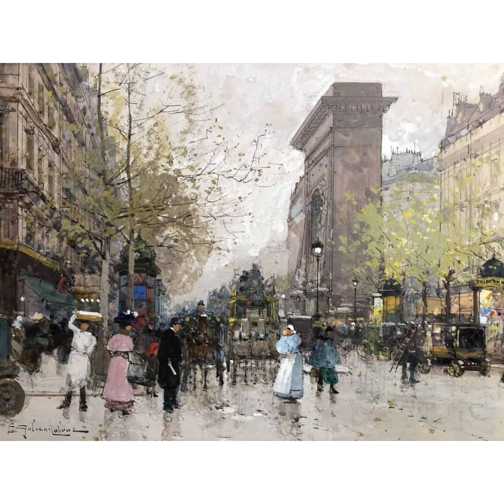 Galien Laloue Eugène French Painting 20th Century View Of Paris Animation Boulevard St Denis Gouache signée Galien Laloue Eugène French Painting 20th Century View Of Paris Animation Boulevard St Denis Gouache signée