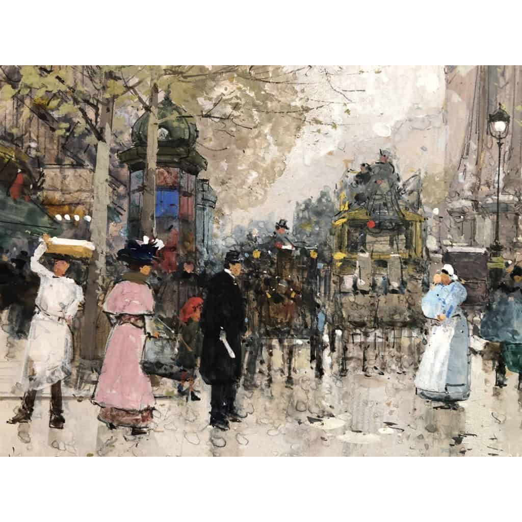 Galien Laloue Eugène French Painting 20th Century View Of Paris Animation Boulevard St Denis Gouache signée Galien Laloue Eugène French Painting 20th Century View Of Paris Animation Boulevard St Denis Gouache signée