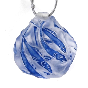 Pendentif "Poissons" Verre Blanc Emaillé Bleu d'origine de René LALIQUE |||||||