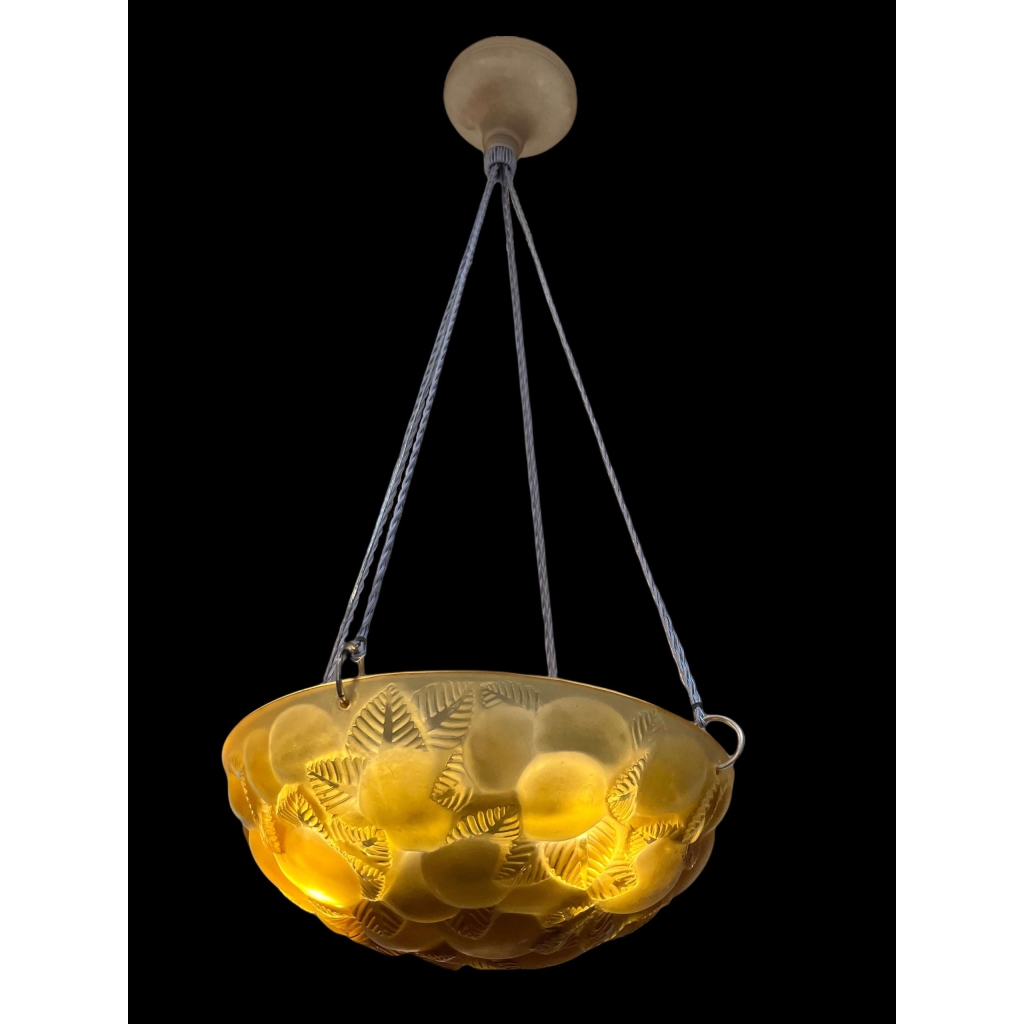  Suspension Plafonnier "Lausanne" Verre Jaune Ambré de René LALIQUE |||||||