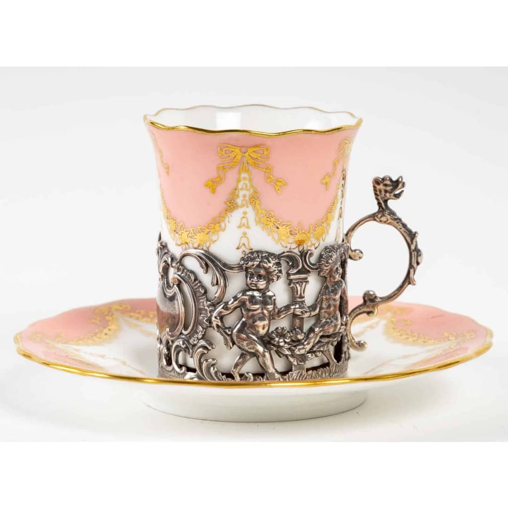 6 tasses roses et or , Coalfort, monture argent, Chester 1925 6 tasses roses et or , Coalfort, monture argent, Chester 1925