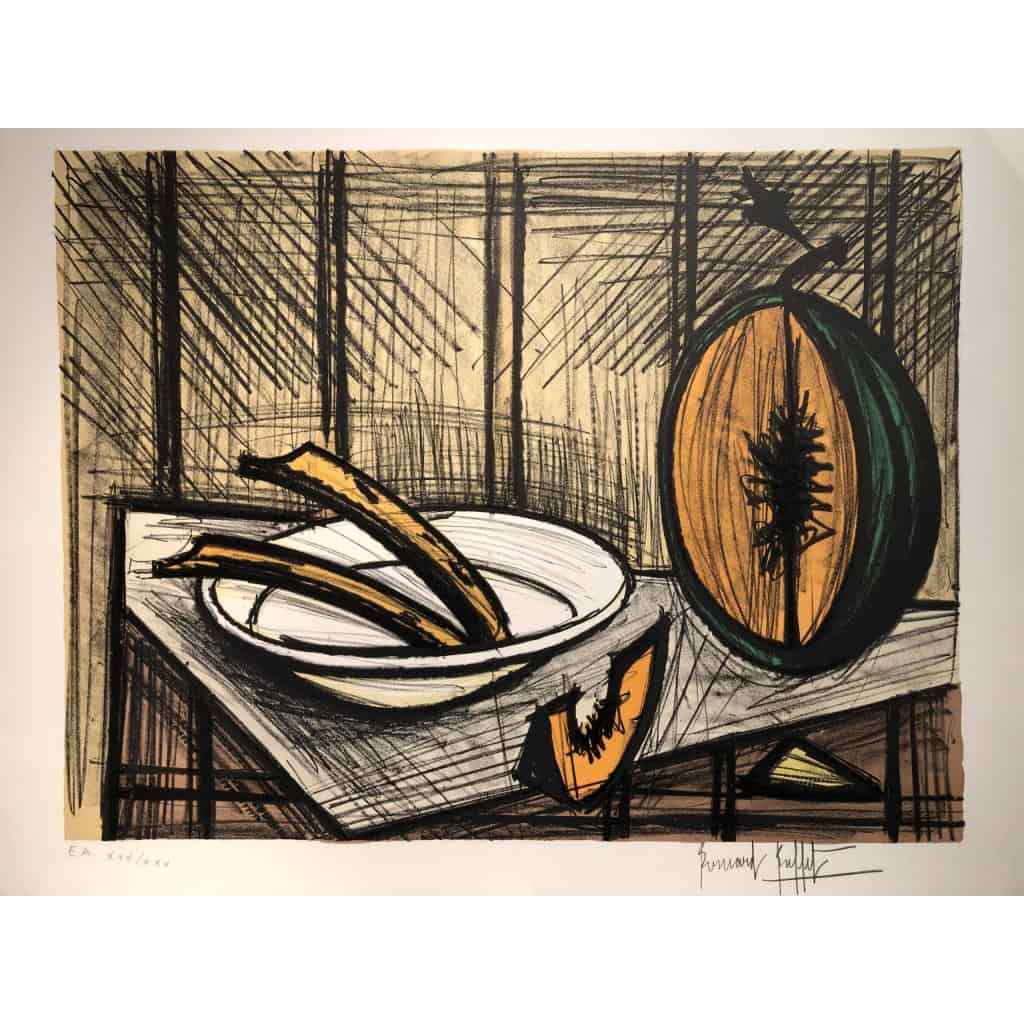 BUFFET Bernard Nature morte au melon et à l'assiette Lithographie couleurs justifiée BUFFET Bernard Nature morte au melon et à l'assiette Lithographie couleurs justifiée