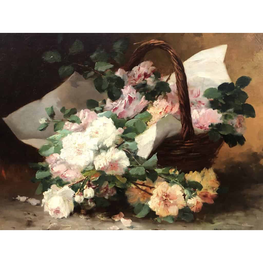 CAUCHOIX Eugène Bouquet de roses dans un panier huile sur toile signée CAUCHOIX Eugène Bouquet de roses dans un panier huile sur toile signée