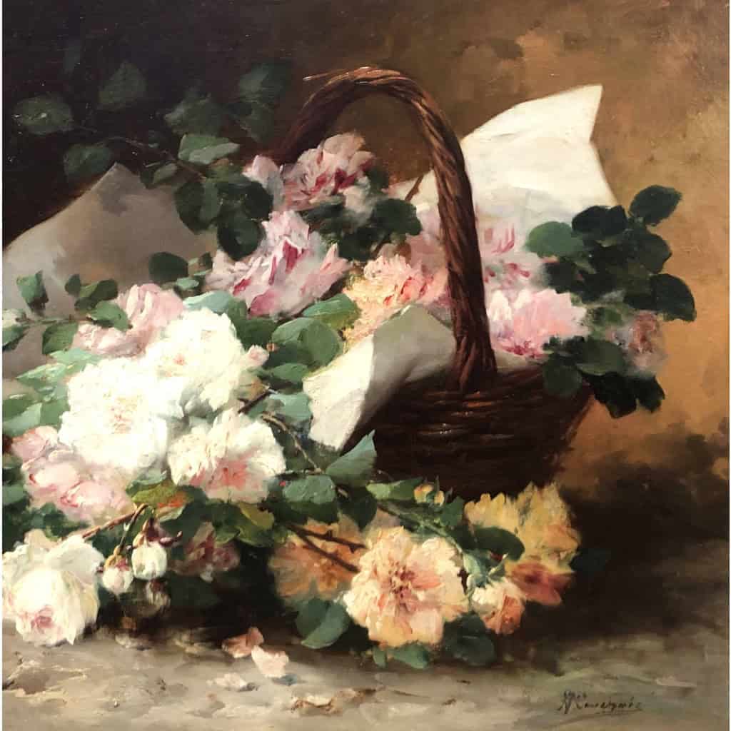 CAUCHOIX Eugène Bouquet de roses dans un panier huile sur toile signée CAUCHOIX Eugène Bouquet de roses dans un panier huile sur toile signée