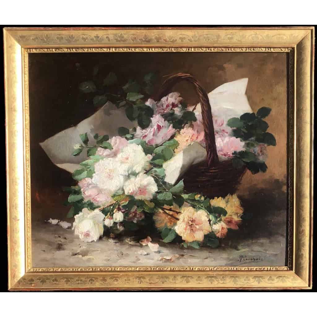 CAUCHOIX Eugène Bouquet de roses dans un panier huile sur toile signée CAUCHOIX Eugène Bouquet de roses dans un panier huile sur toile signée