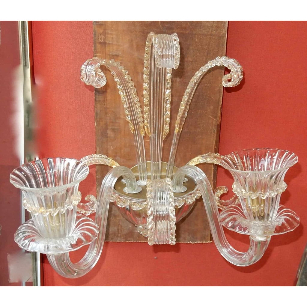 1950/70′ Paire d’Appliques à 2 Bras de Lumière en Cristal de Murano Avec Paillons d’Or Modèle Jet d’Eau Véronèse 33 H X 1950/70′ Paire d’Appliques à 2 Bras de Lumière en Cristal de Murano Avec Paillons d’Or Modèle Jet d’Eau Véronèse 33 H X