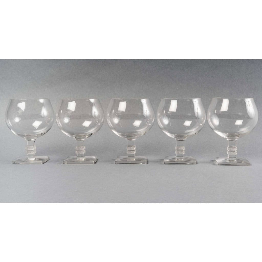 Suite de Verres à Cognac "Argos" verre blanc de René LALIQUE - 5 pièces ||||||