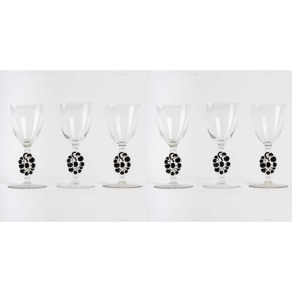 Suite de 6 Verres à Liqueur "Thionville" verre blanc émaillé noir de René LALIQUE - 6 pièces ||||||