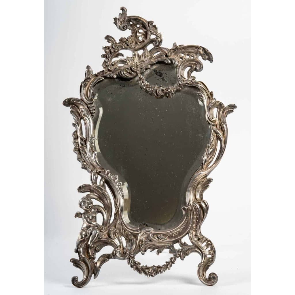 Miroir de table en bronze argenté, glace bisauté au mercure, XIXème siècle ||||||||