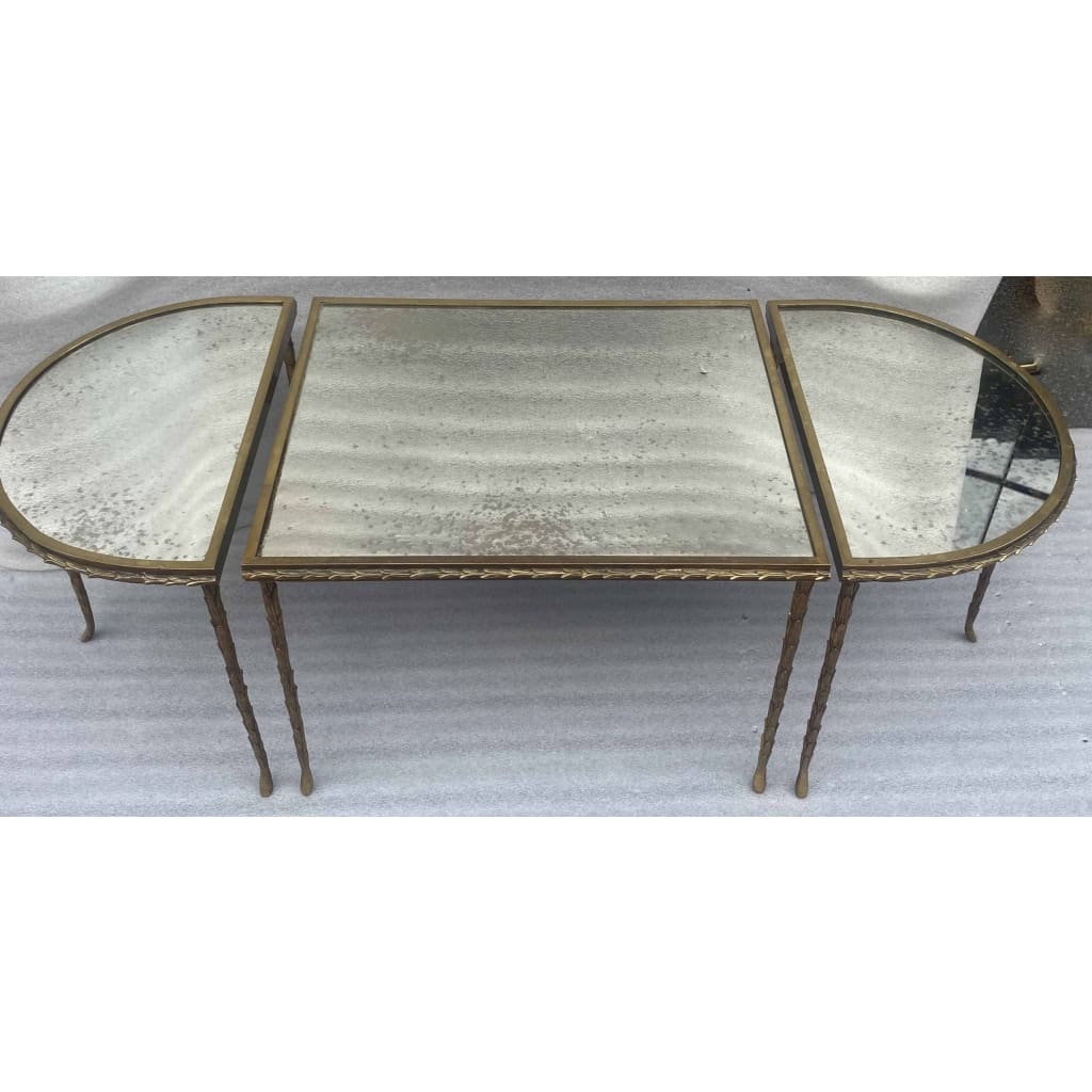 1970′ Table Tripartite Maison Charles Décor Palmier en Bronze Doré avec Plateaux Miroir 125 X 52 X H 42 cm ||||||||||||||||