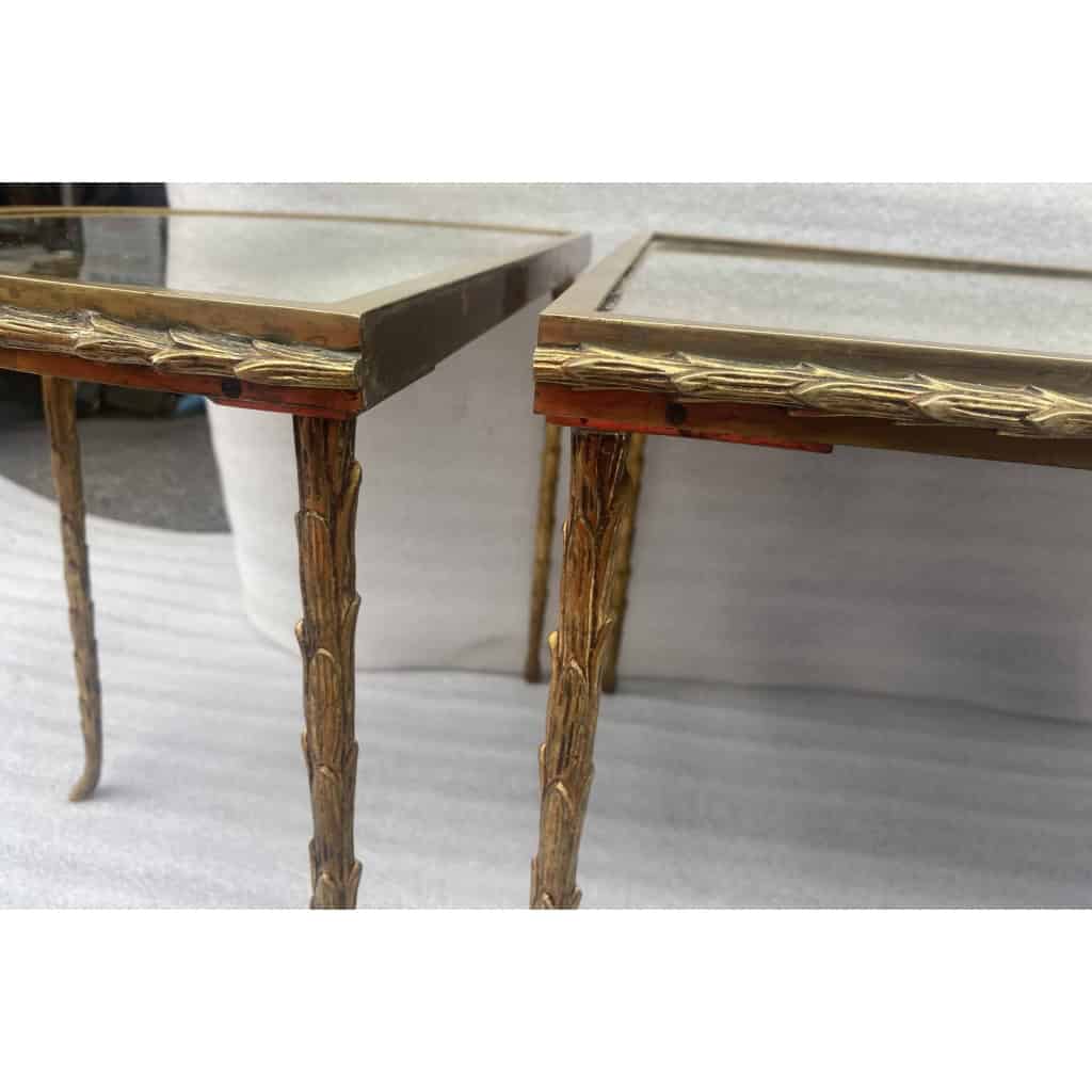 1970′ Table Tripartite Maison Charles Décor Palmier en Bronze Doré avec Plateaux Miroir 125 X 52 X H 42 cm 1970′ Table Tripartite Maison Charles Décor Palmier en Bronze Doré avec Plateaux Miroir 125 X 52 X H 42 cm