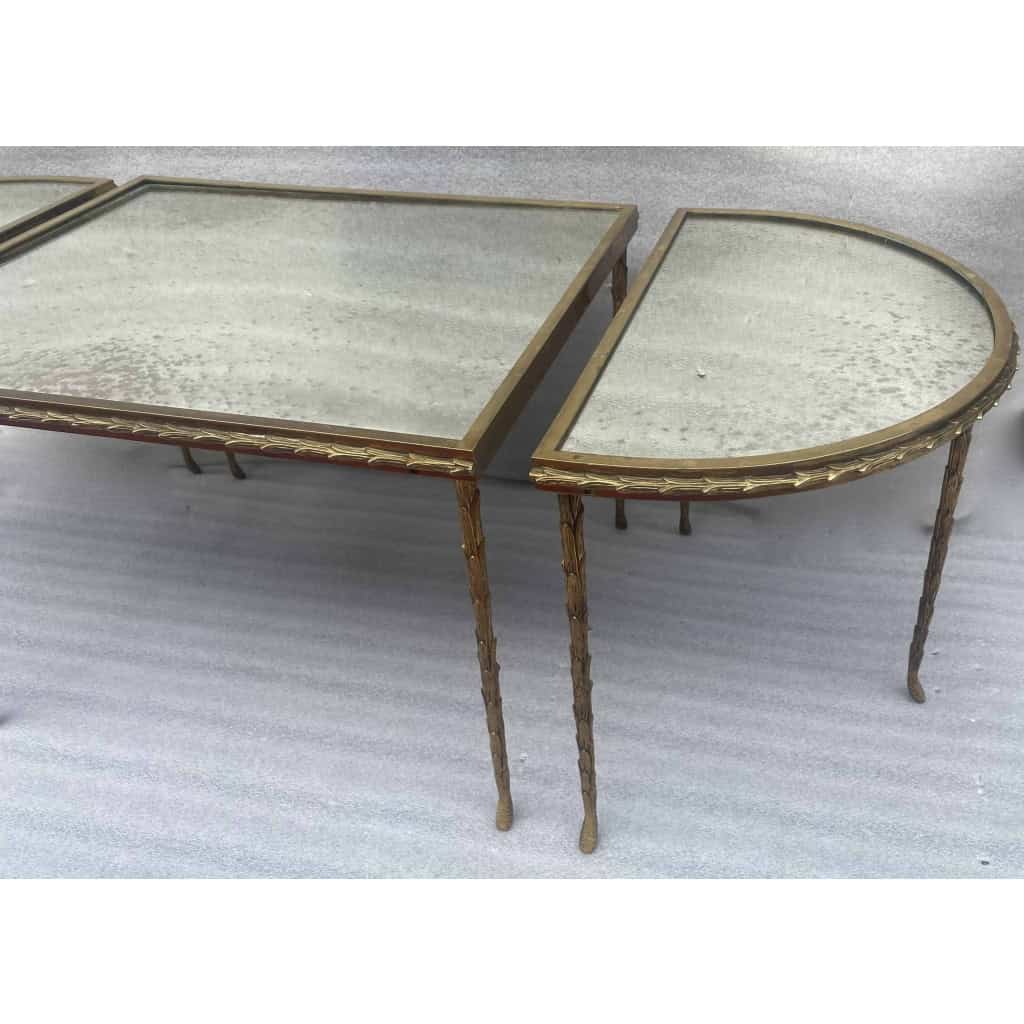 1970′ Table Tripartite Maison Charles Décor Palmier en Bronze Doré avec Plateaux Miroir 125 X 52 X H 42 cm 1970′ Table Tripartite Maison Charles Décor Palmier en Bronze Doré avec Plateaux Miroir 125 X 52 X H 42 cm